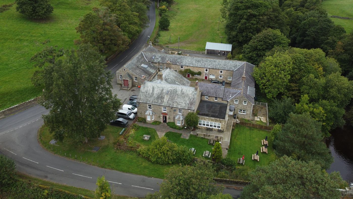 Aerial view of The Elks Head, its beer garden and the surrounding Northumberland countryside